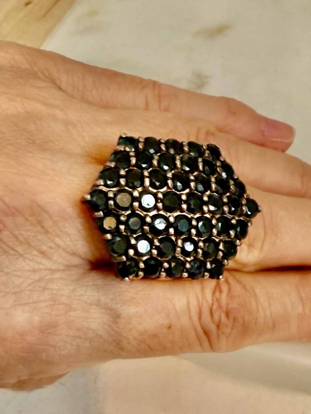 Vintage Large Black Stone Sterling Silver 925 Gorgeous Heavy Ring Faceted Stones
